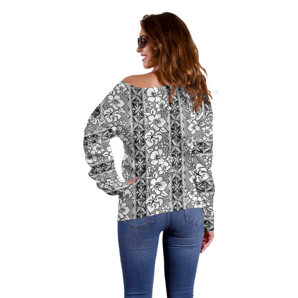 Hawaii Vintage Gray Hibiscus Tapa Pattern Off Shoulder Sweater LT05 - Polynesian Pride