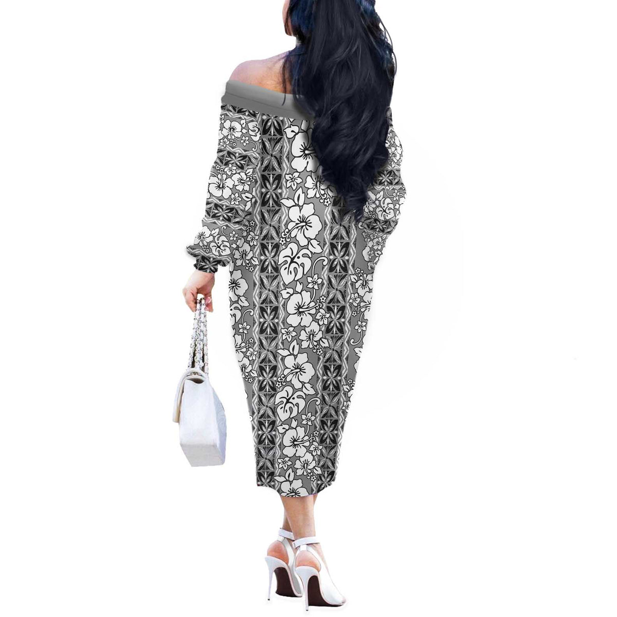 Hawaii Vintage Gray Hibiscus Tapa Pattern Off The Shoulder Long Sleeve Dress LT05 - Polynesian Pride