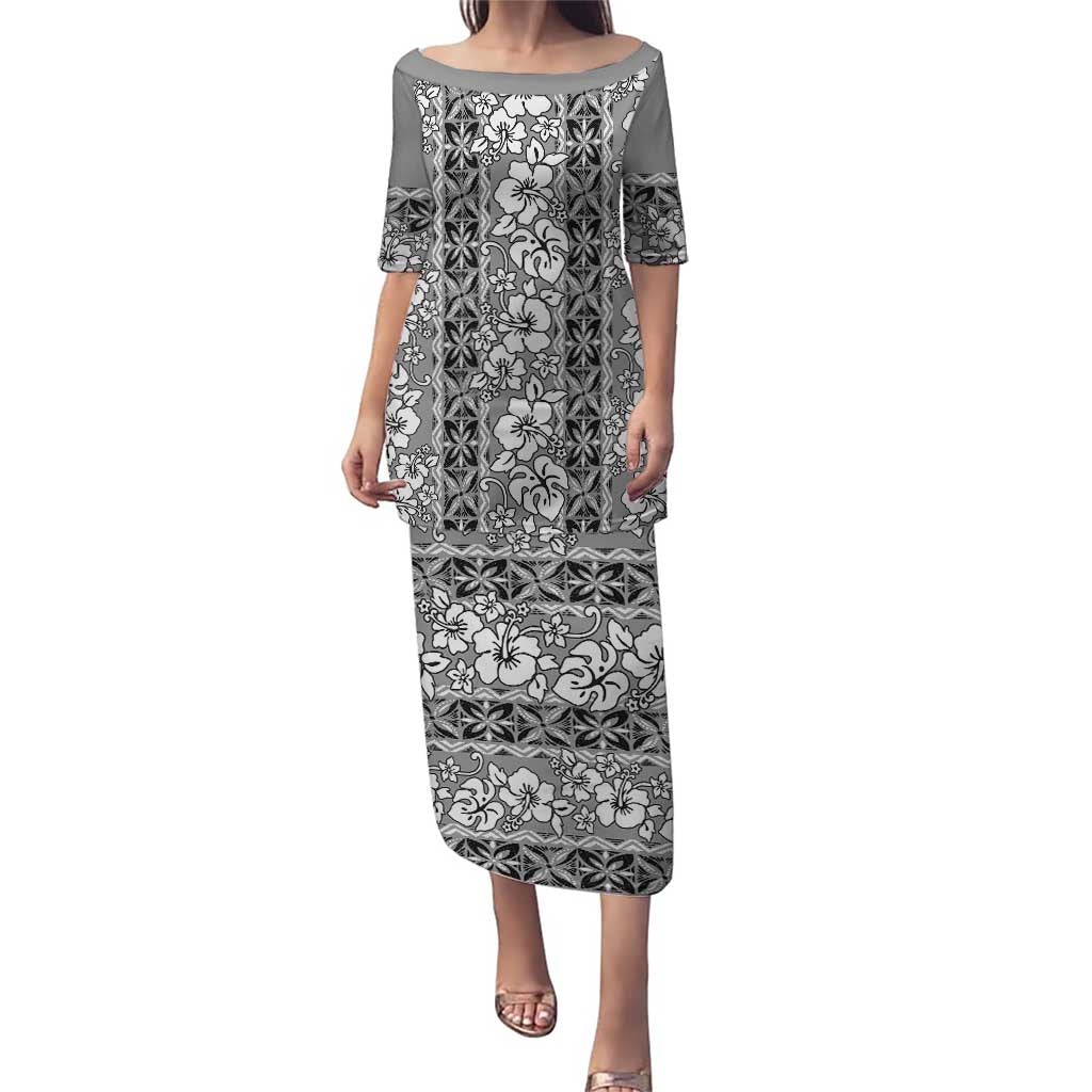 Hawaii Vintage Gray Hibiscus Tapa Pattern Puletasi LT05 Long Dress Gray - Polynesian Pride