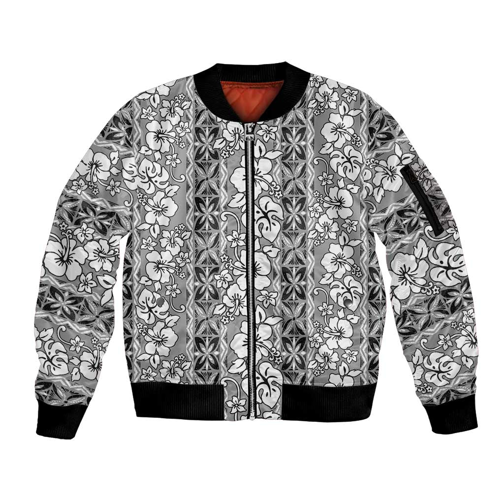 Hawaii Vintage Gray Hibiscus Tapa Pattern Sleeve Zip Bomber Jacket LT05 Unisex Gray - Polynesian Pride