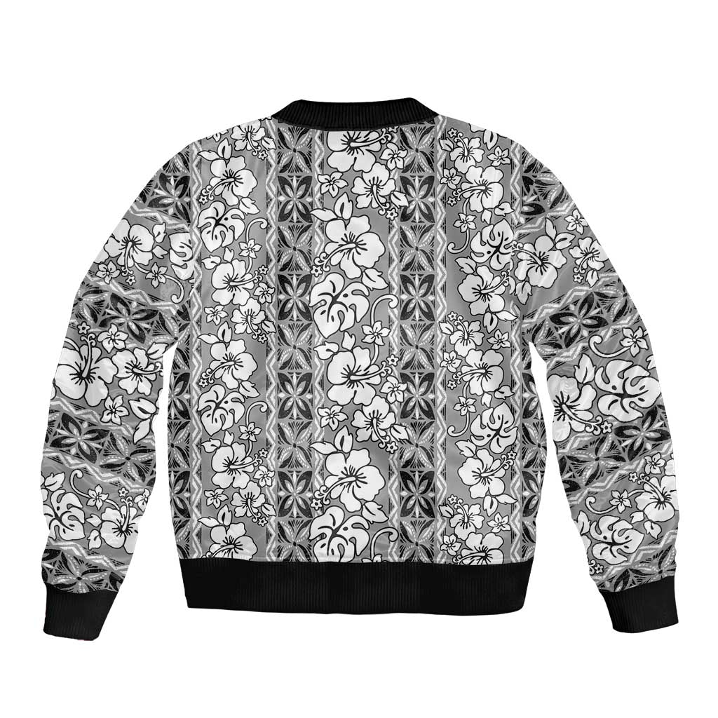 Hawaii Vintage Gray Hibiscus Tapa Pattern Sleeve Zip Bomber Jacket LT05 - Polynesian Pride