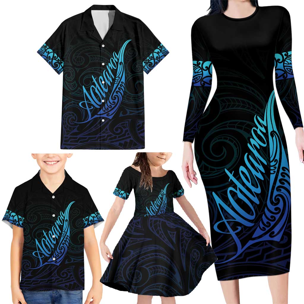 Aotearoa New Zealand Family Matching Long Sleeve Bodycon Dress and Hawaiian Shirt Koru Fern Blue Gradient