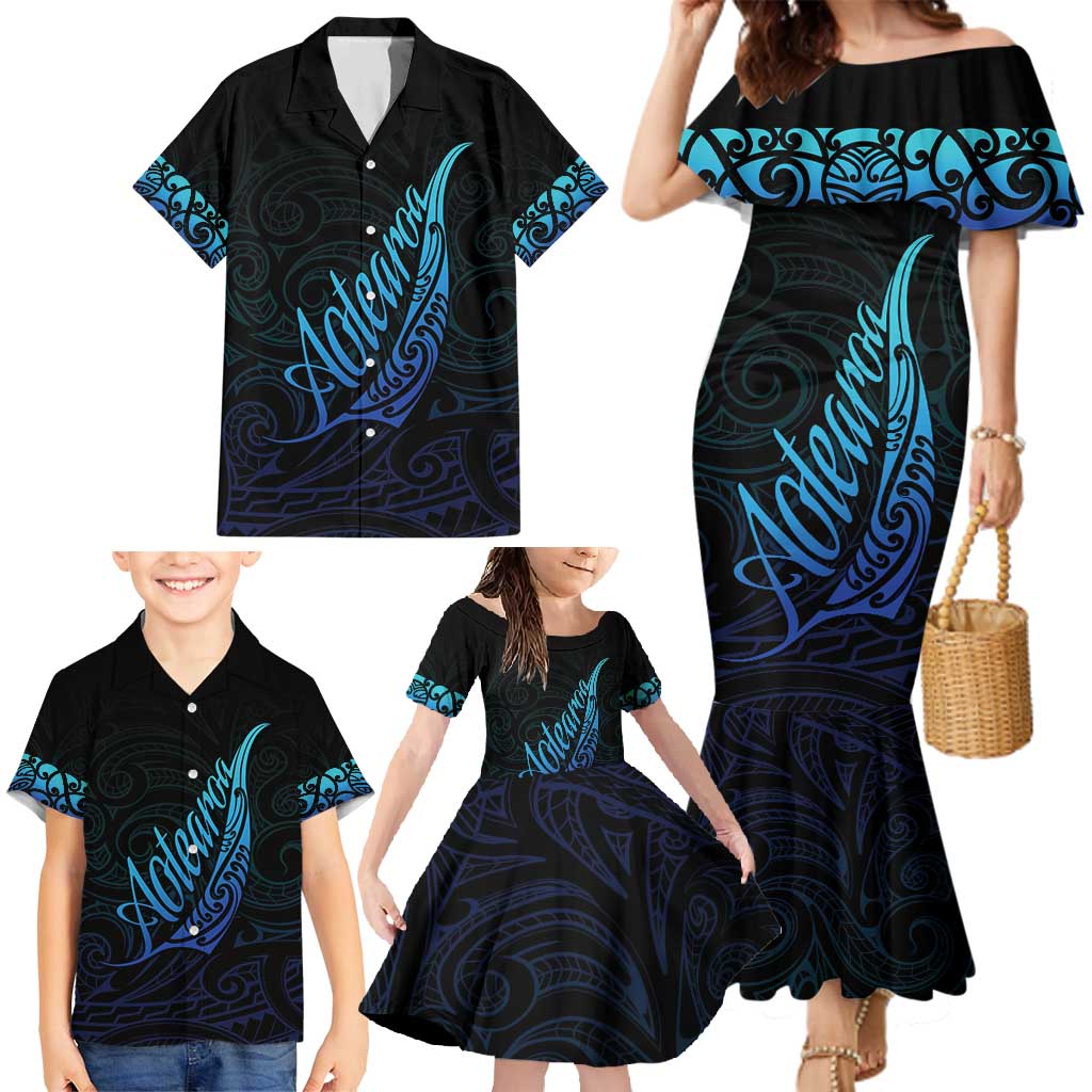 Aotearoa New Zealand Family Matching Mermaid Dress and Hawaiian Shirt Koru Fern Blue Gradient