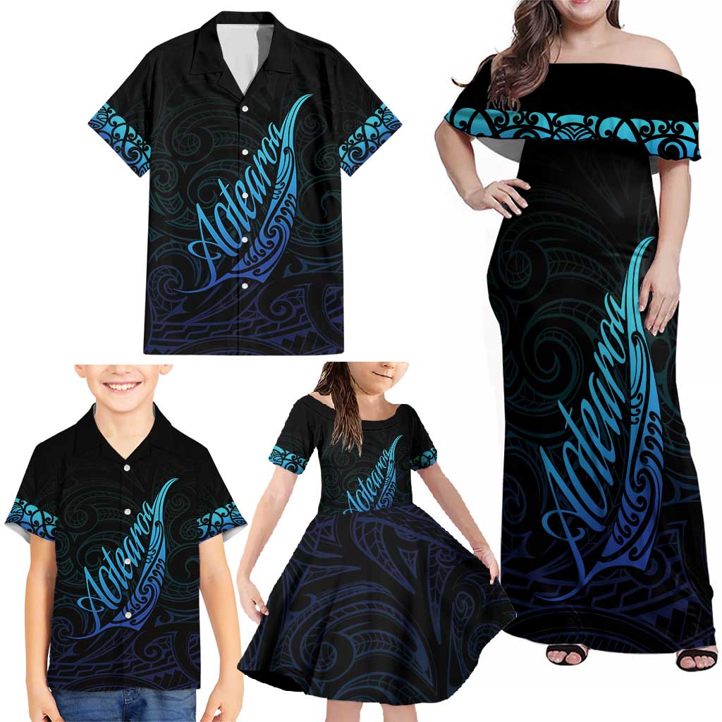 Aotearoa New Zealand Family Matching Off Shoulder Maxi Dress and Hawaiian Shirt Koru Fern Blue Gradient