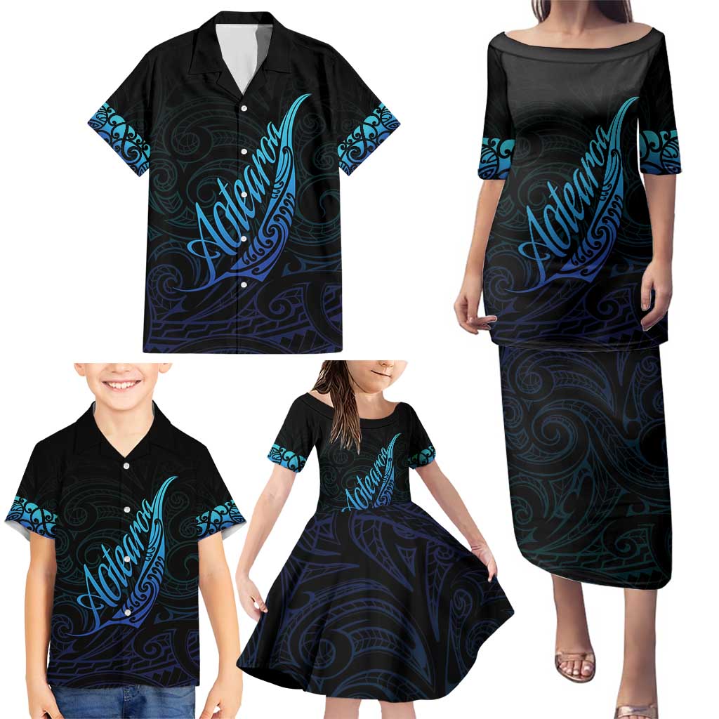 Aotearoa New Zealand Family Matching Puletasi and Hawaiian Shirt Koru Fern Blue Gradient