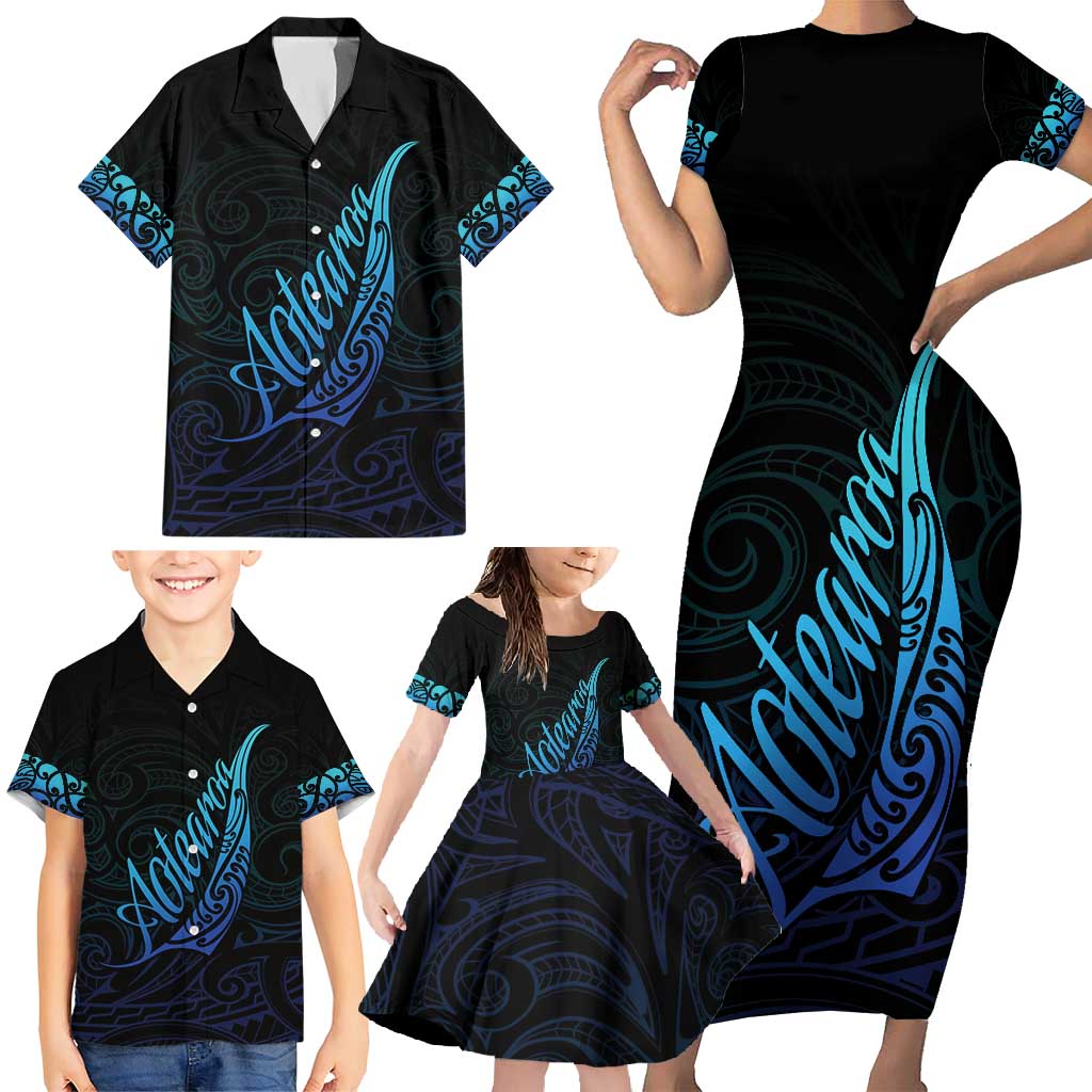 Aotearoa New Zealand Family Matching Short Sleeve Bodycon Dress and Hawaiian Shirt Koru Fern Blue Gradient