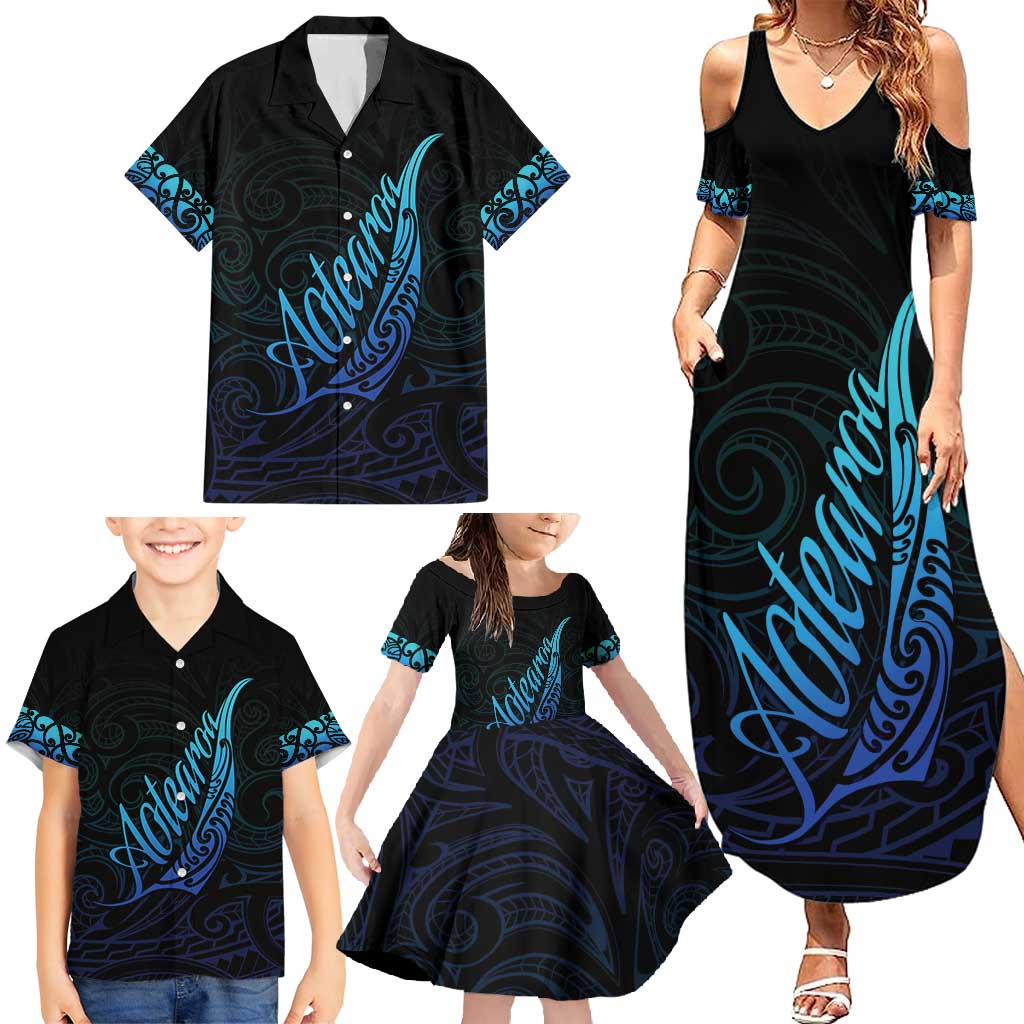 Aotearoa New Zealand Family Matching Summer Maxi Dress and Hawaiian Shirt Koru Fern Blue Gradient