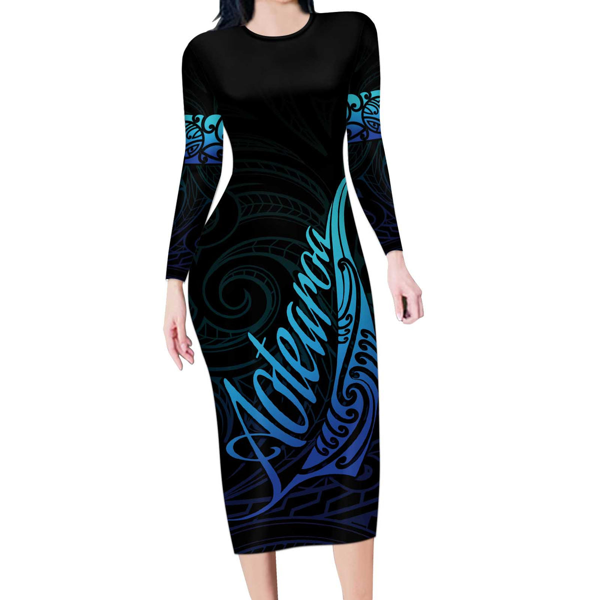 Aotearoa New Zealand Long Sleeve Bodycon Dress Koru Fern Blue Gradient LT05 Long Dress Blue - Polynesian Pride