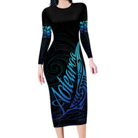 Aotearoa New Zealand Long Sleeve Bodycon Dress Koru Fern Blue Gradient LT05 Long Dress Blue - Polynesian Pride