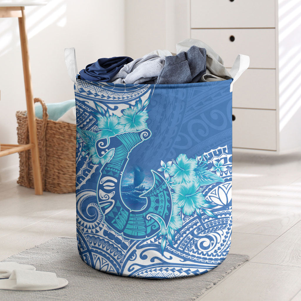 Hawaii Discoverers Day Laundry Basket Polynesian Fish Hook With Hibiscus Blue LT05 Blue - Polynesian Pride