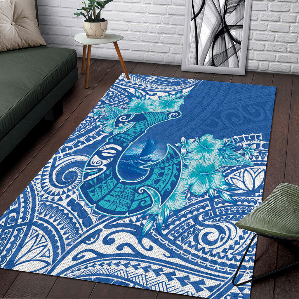 Hawaii Discoverers Day Area Rug Polynesian Fish Hook With Hibiscus Blue LT05 Blue - Polynesian Pride