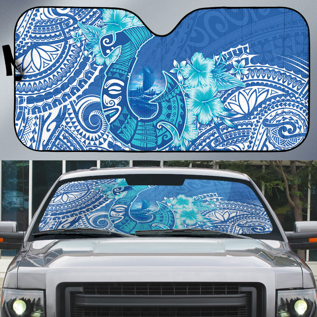Hawaii Discoverers Day Auto Sun Shade Polynesian Fish Hook With Hibiscus Blue LT05 Blue - Polynesian Pride
