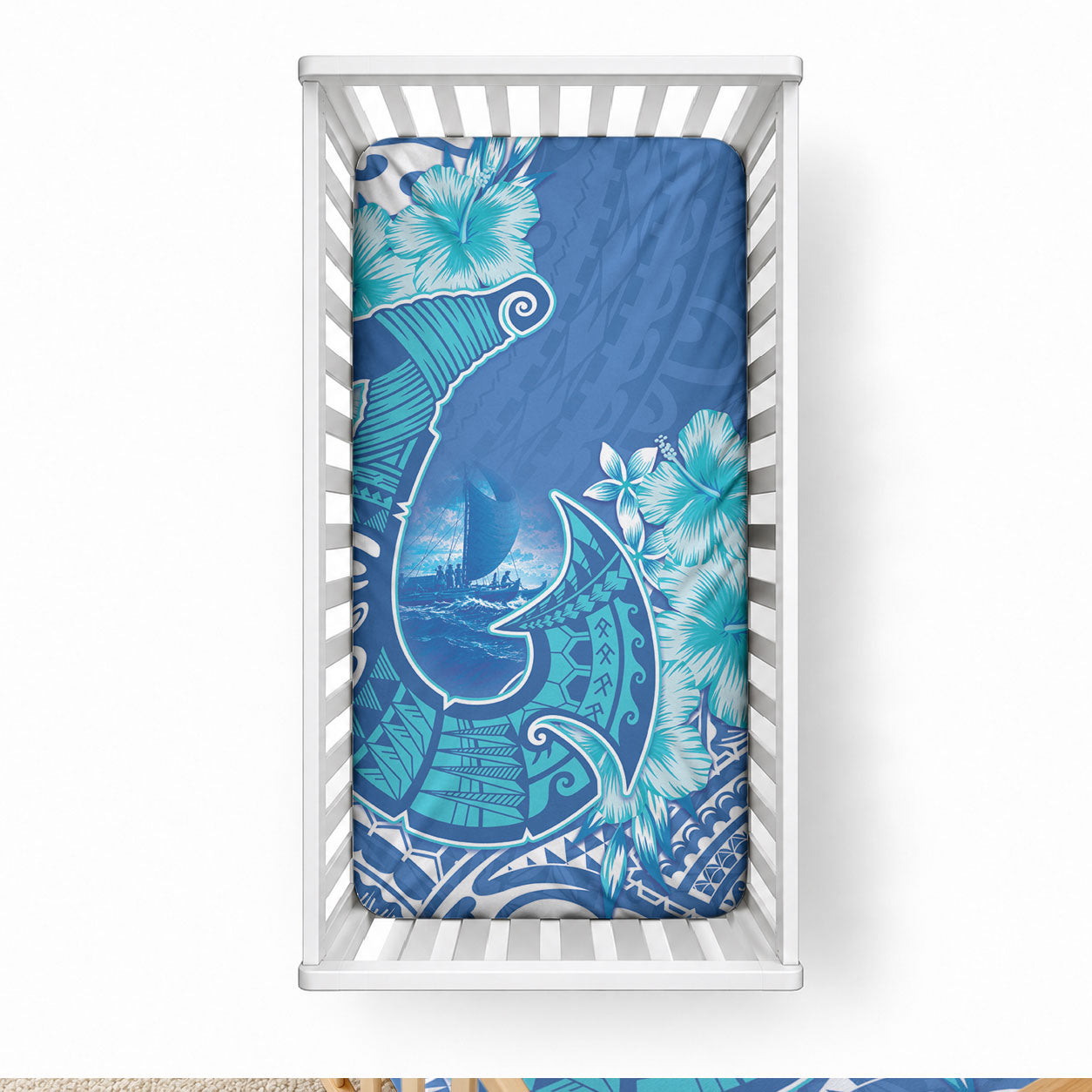 Hawaii Discoverers Day Baby Bed Cover Polynesian Fish Hook With Hibiscus Blue LT05 28 × 52 in Blue - Polynesian Pride