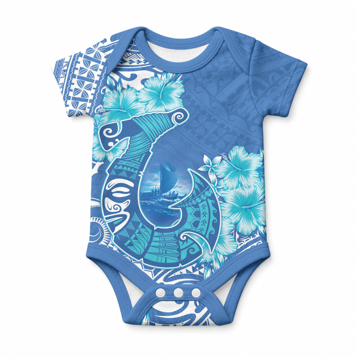 Hawaii Discoverers Day Baby Onesie Polynesian Fish Hook With Hibiscus Blue
