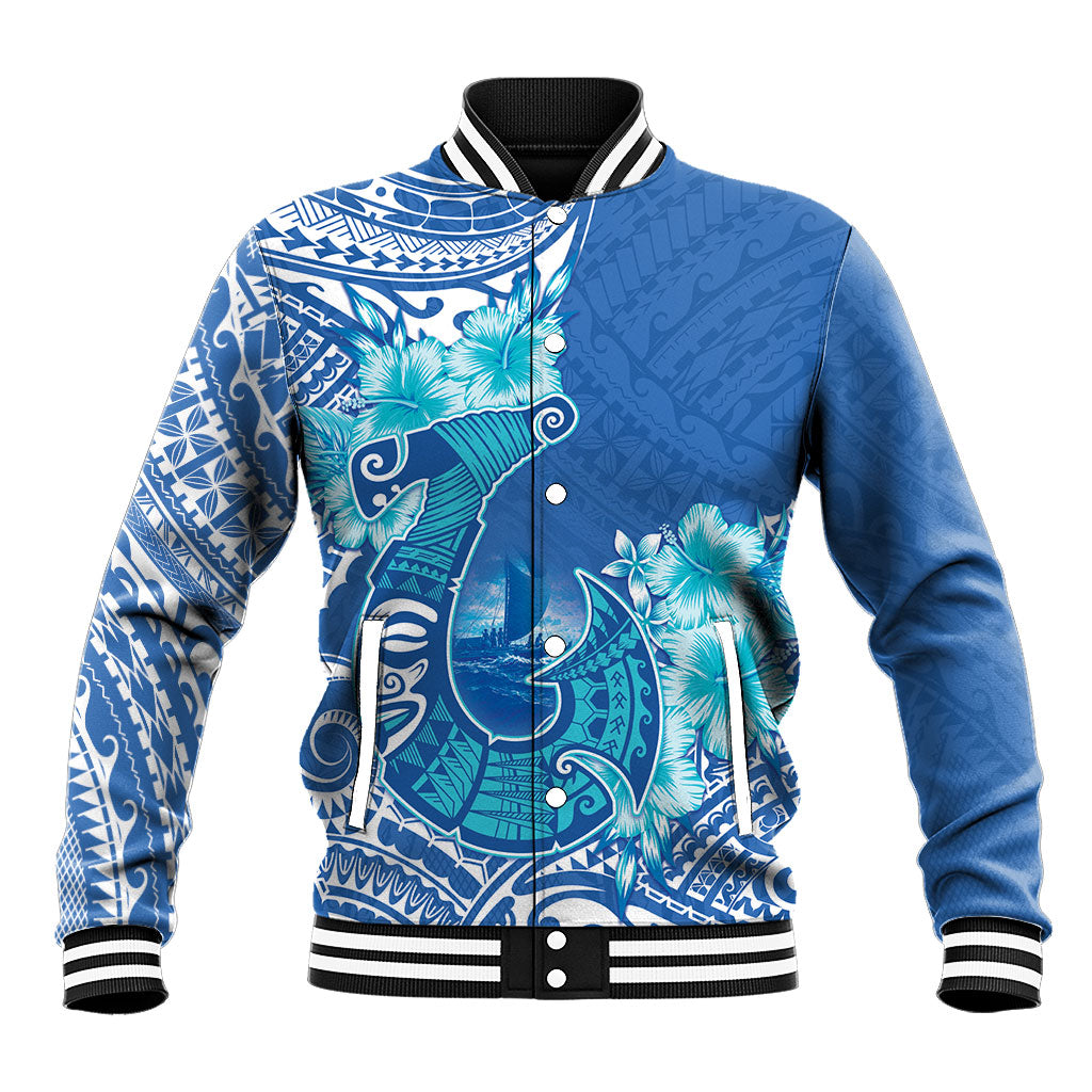 Hawaii Discoverers Day Baseball Jacket Polynesian Fish Hook With Hibiscus Blue LT05 Unisex Blue - Polynesian Pride