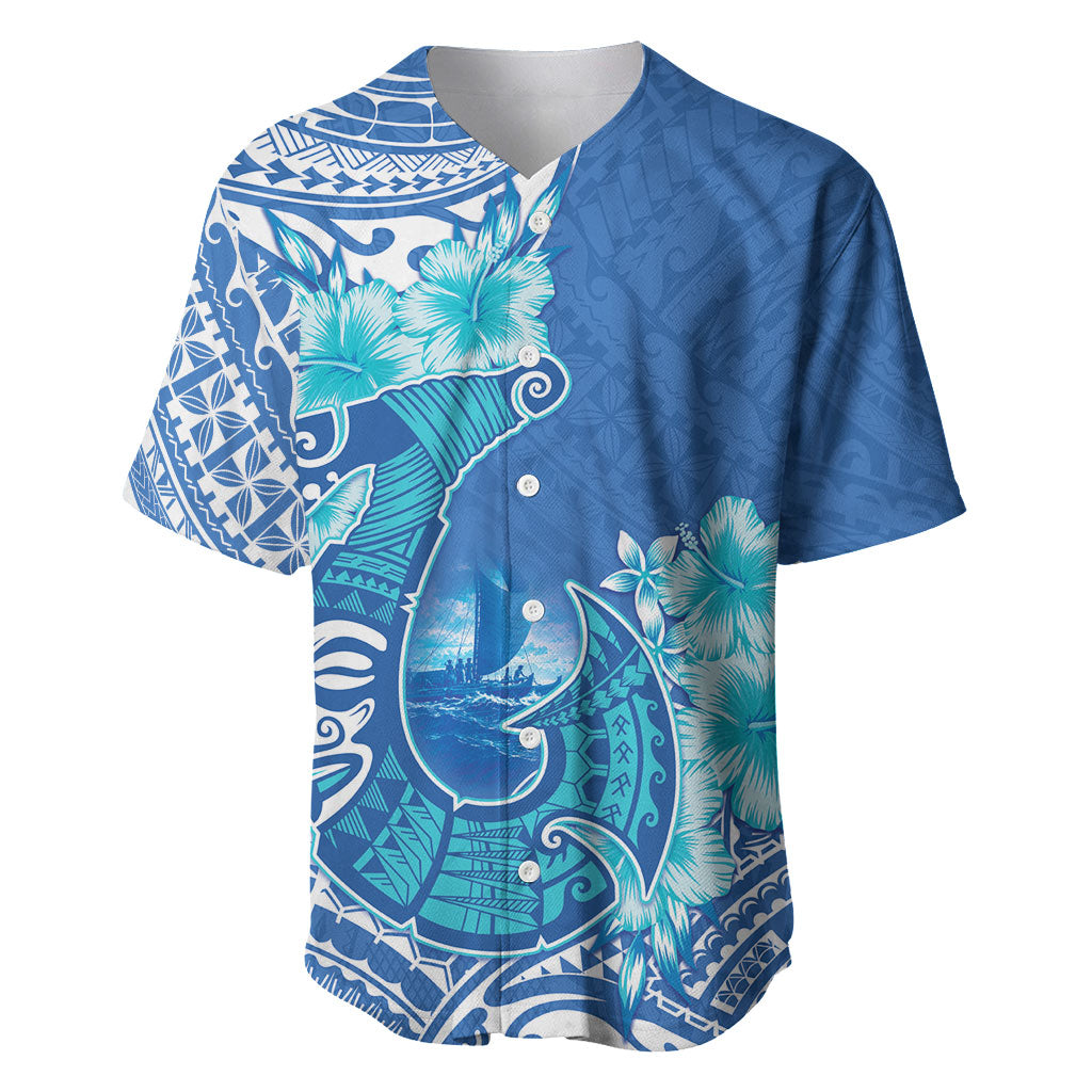 Hawaii Discoverers Day Baseball Jersey Polynesian Fish Hook With Hibiscus Blue LT05 Blue - Polynesian Pride