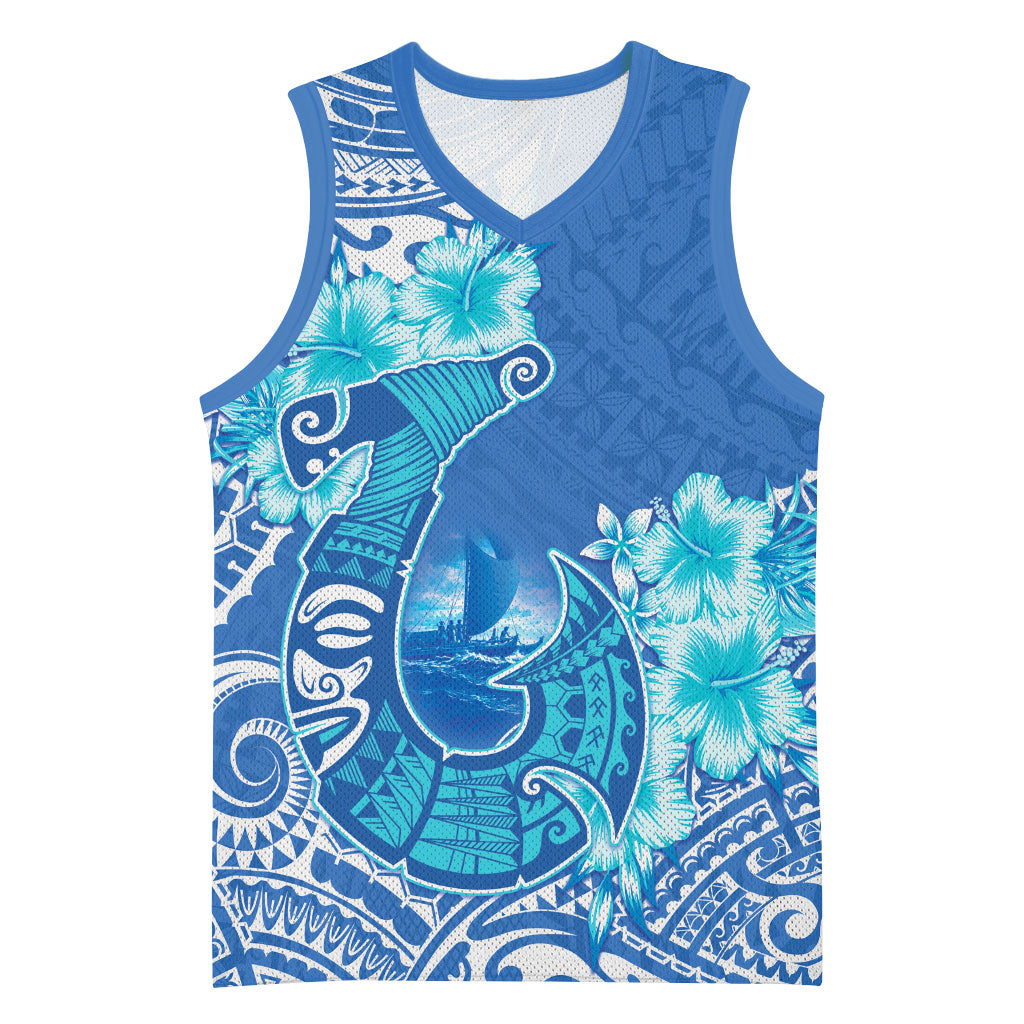 Hawaii Discoverers Day Basketball Jersey Polynesian Fish Hook With Hibiscus Blue LT05 Unisex Blue - Polynesian Pride