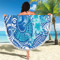 Hawaii Discoverers Day Beach Blanket Polynesian Fish Hook With Hibiscus Blue