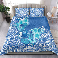 Hawaii Discoverers Day Bedding Set Polynesian Fish Hook With Hibiscus Blue