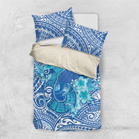 Hawaii Discoverers Day Bedding Set Polynesian Fish Hook With Hibiscus Blue