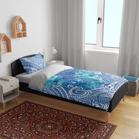 Hawaii Discoverers Day Bedding Set Polynesian Fish Hook With Hibiscus Blue