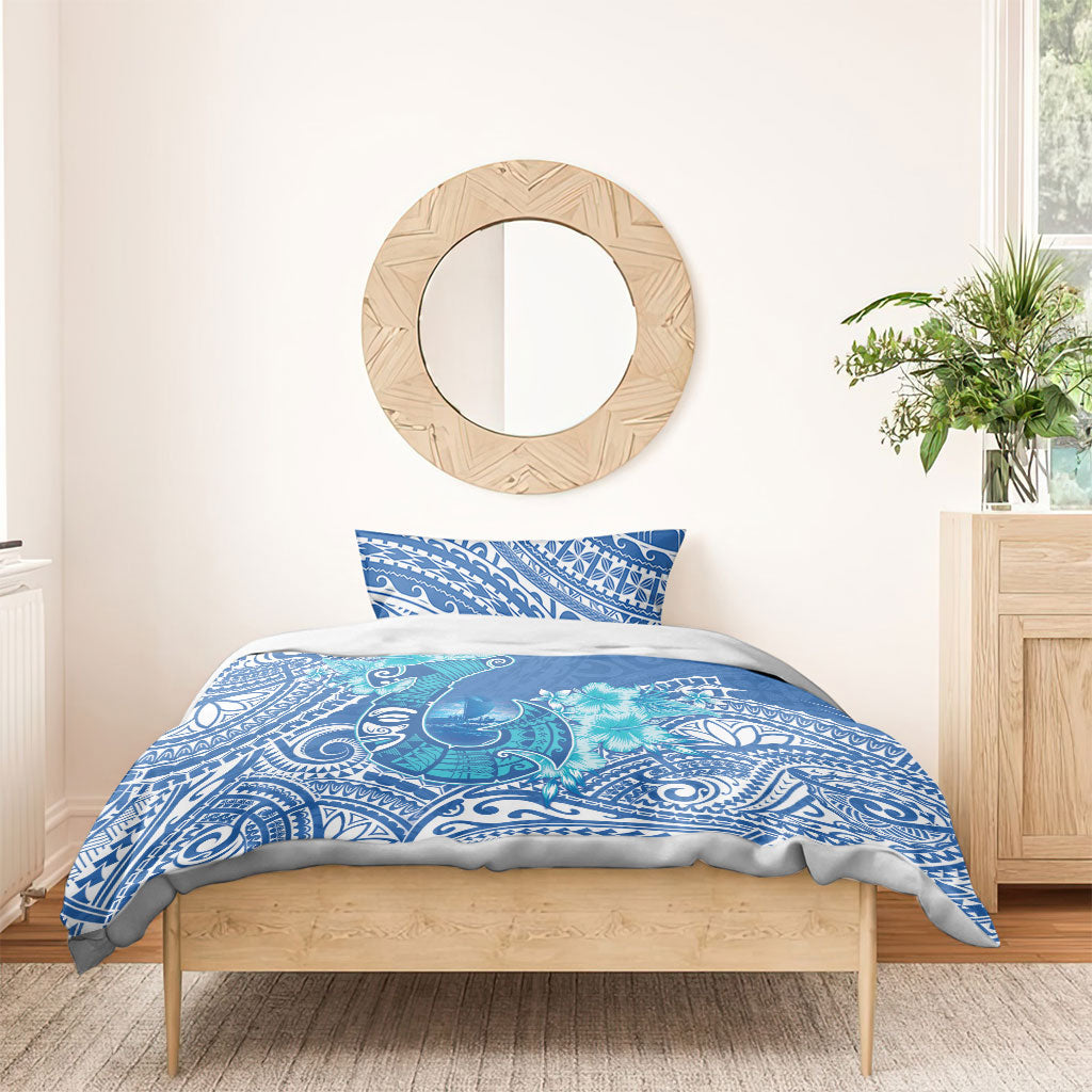 Hawaii Discoverers Day Bedding Set Polynesian Fish Hook With Hibiscus Blue