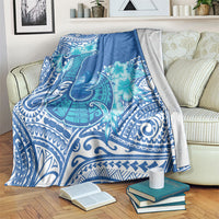 Hawaii Discoverers Day Blanket Polynesian Fish Hook With Hibiscus Blue