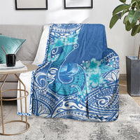 Hawaii Discoverers Day Blanket Polynesian Fish Hook With Hibiscus Blue