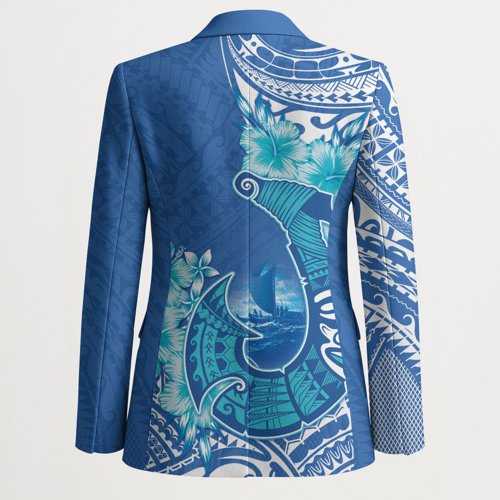Hawaii Discoverers Day Blazer Polynesian Fish Hook With Hibiscus Blue