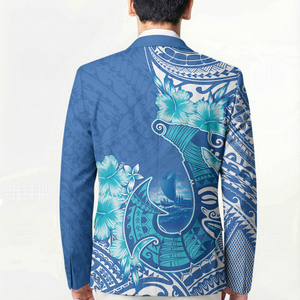 Hawaii Discoverers Day Blazer Polynesian Fish Hook With Hibiscus Blue