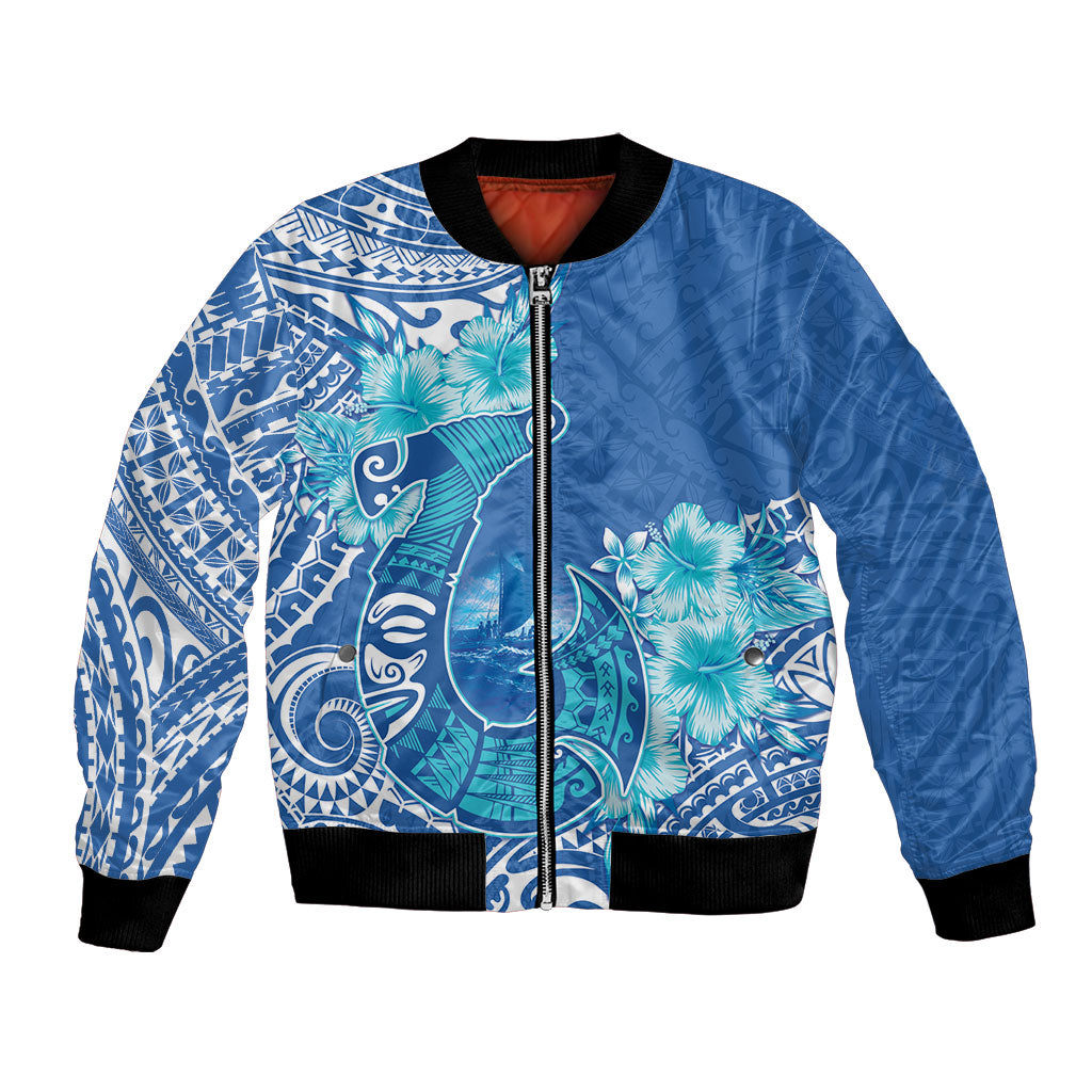 Hawaii Discoverers Day Bomber Jacket Polynesian Fish Hook With Hibiscus Blue LT05 Unisex Blue - Polynesian Pride
