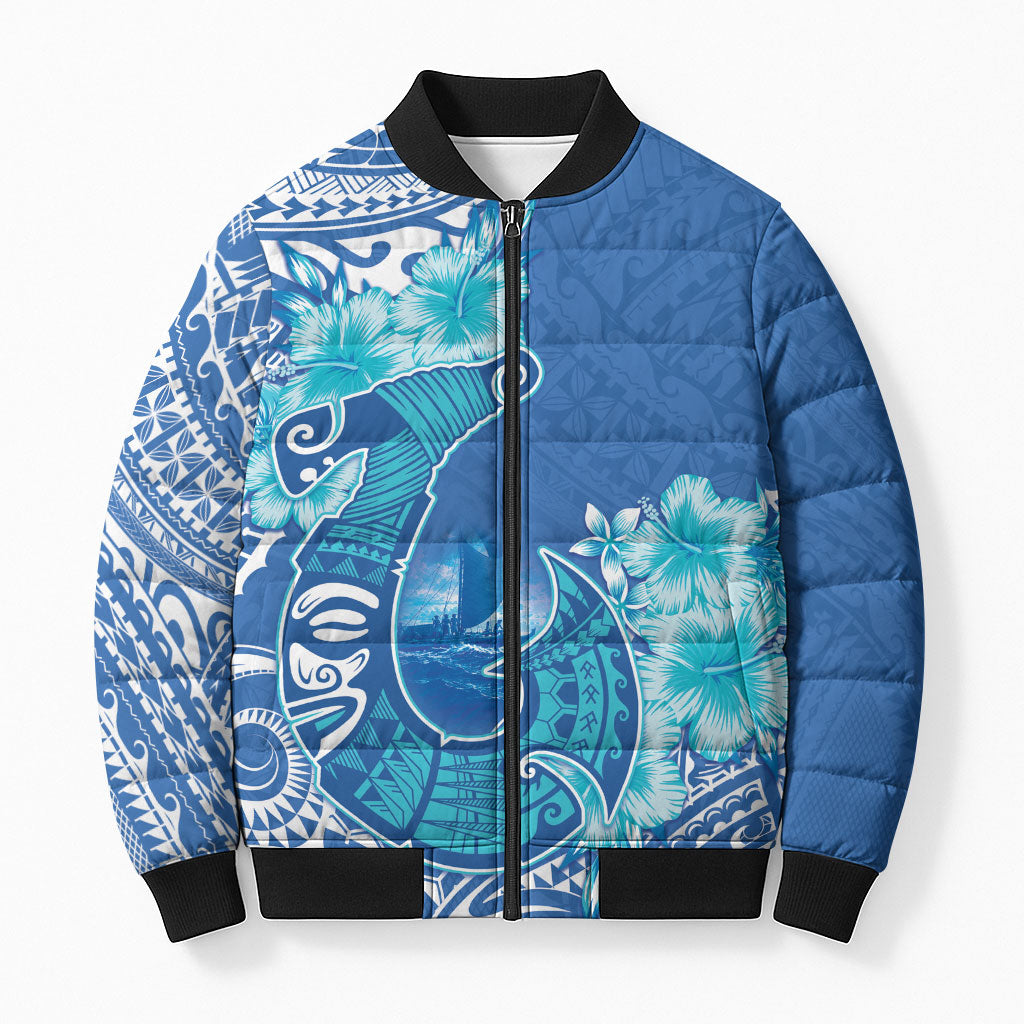 Hawaii Discoverers Day Bomber Puffer Jacket Polynesian Fish Hook With Hibiscus Blue LT05 Unisex Blue - Polynesian Pride