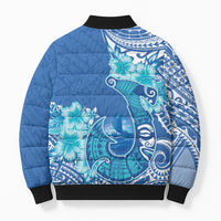 Hawaii Discoverers Day Bomber Puffer Jacket Polynesian Fish Hook With Hibiscus Blue