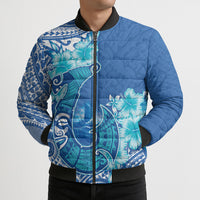 Hawaii Discoverers Day Bomber Puffer Jacket Polynesian Fish Hook With Hibiscus Blue