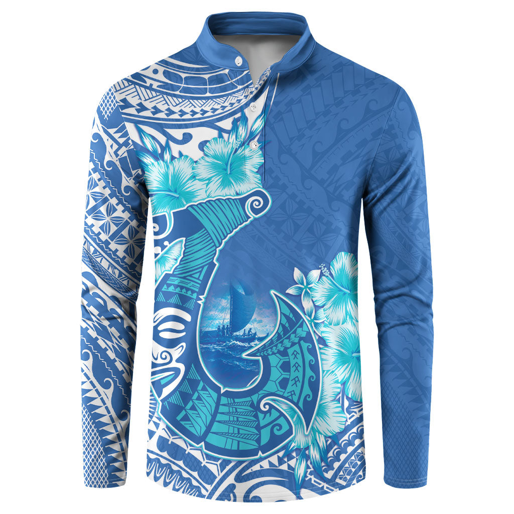 Hawaii Discoverers Day Button Sweatshirt Polynesian Fish Hook With Hibiscus Blue