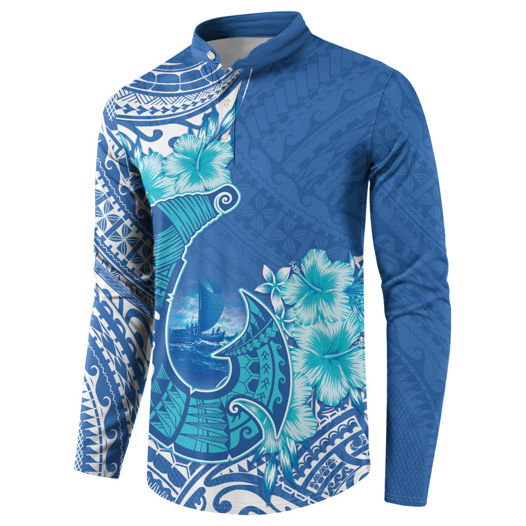 Hawaii Discoverers Day Button Sweatshirt Polynesian Fish Hook With Hibiscus Blue