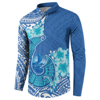 Hawaii Discoverers Day Button Sweatshirt Polynesian Fish Hook With Hibiscus Blue