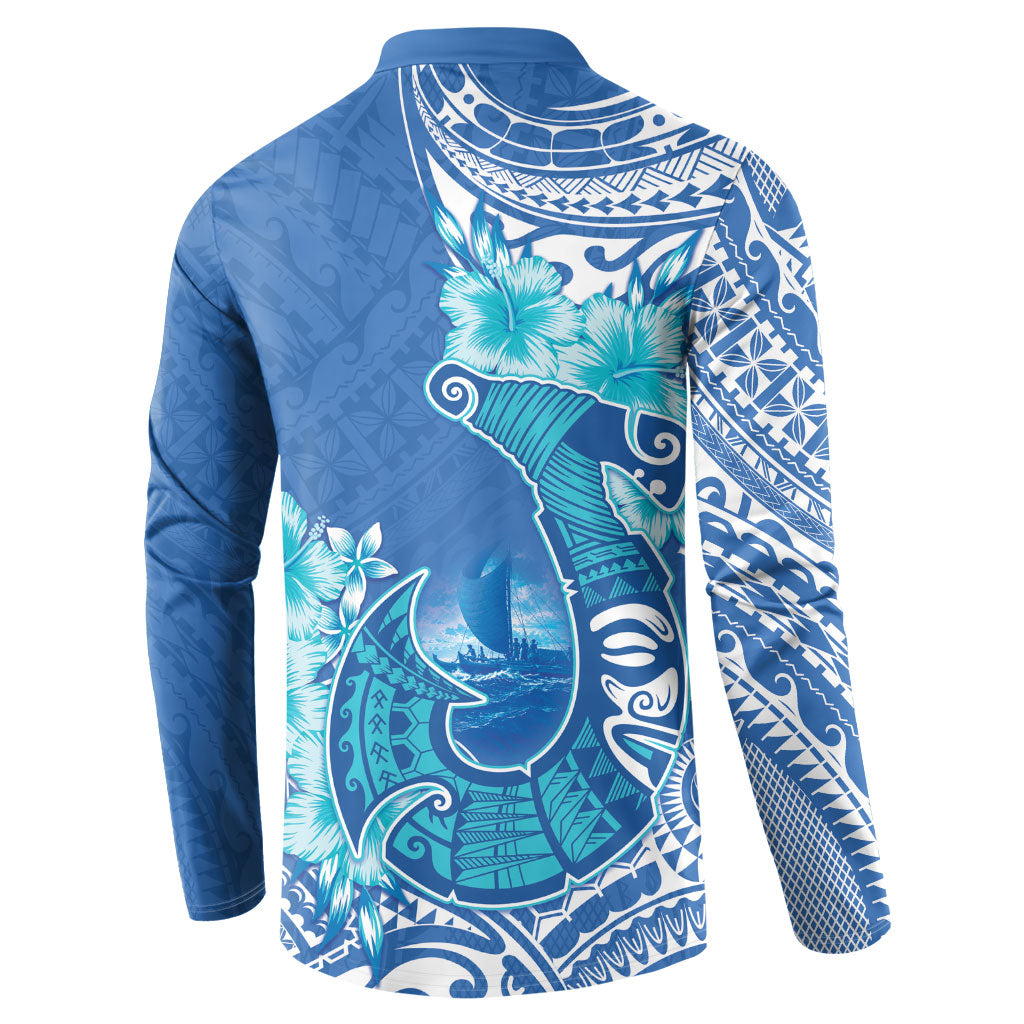 Hawaii Discoverers Day Button Sweatshirt Polynesian Fish Hook With Hibiscus Blue