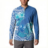 Hawaii Discoverers Day Button Sweatshirt Polynesian Fish Hook With Hibiscus Blue