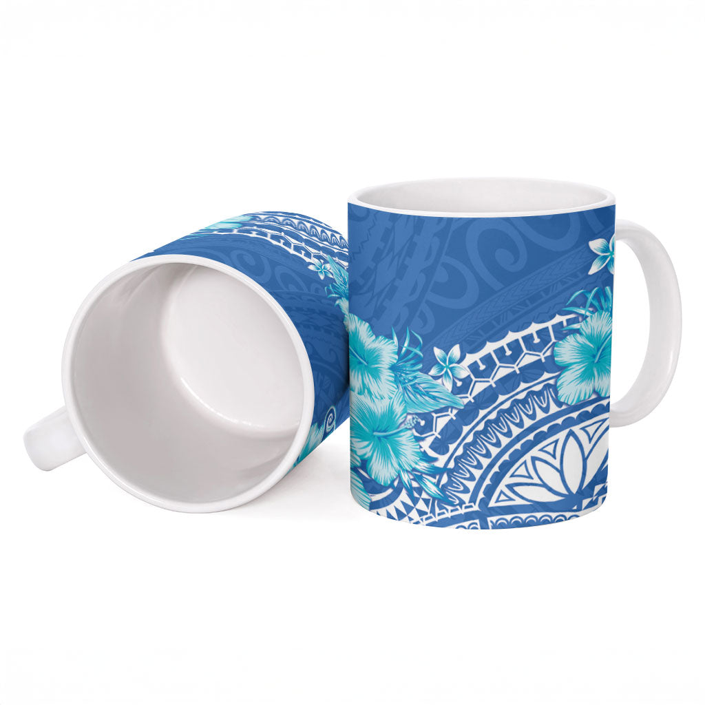 Hawaii Discoverers Day Ceramic Mug Polynesian Fish Hook With Hibiscus Blue