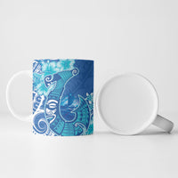 Hawaii Discoverers Day Ceramic Mug Polynesian Fish Hook With Hibiscus Blue