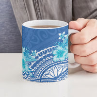 Hawaii Discoverers Day Ceramic Mug Polynesian Fish Hook With Hibiscus Blue