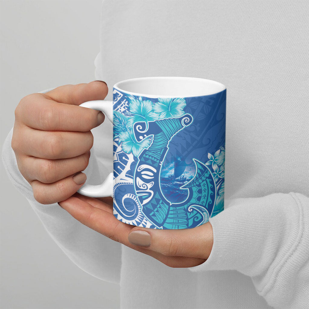 Hawaii Discoverers Day Ceramic Mug Polynesian Fish Hook With Hibiscus Blue