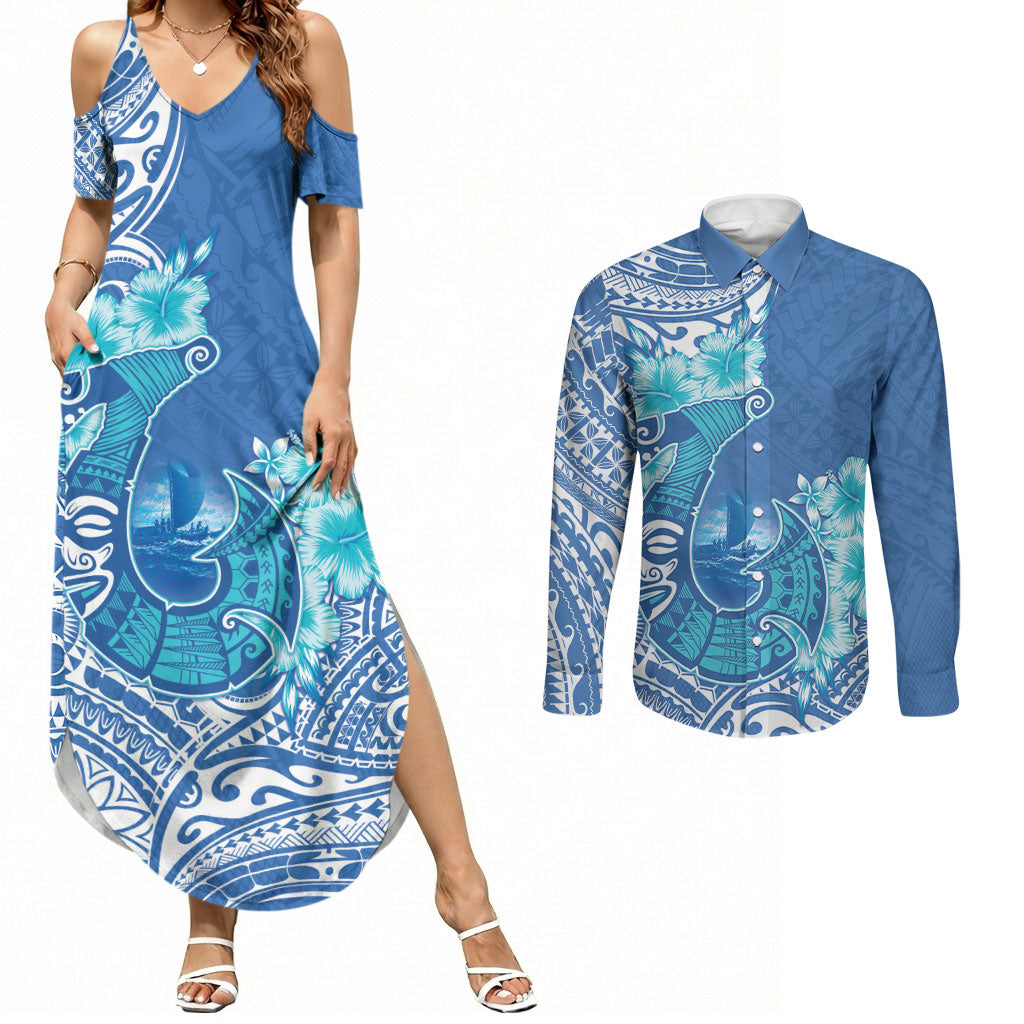 Hawaii Discoverers Day Couples Matching Summer Maxi Dress and Long Sleeve Button Shirt Polynesian Fish Hook With Hibiscus Blue LT05 Blue - Polynesian Pride
