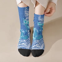 Hawaii Discoverers Day Crew Socks Polynesian Fish Hook With Hibiscus Blue LT05 Crew Socks Blue - Polynesian Pride