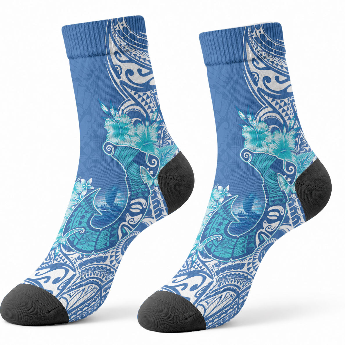 Hawaii Discoverers Day Crew Socks Polynesian Fish Hook With Hibiscus Blue LT05 - Polynesian Pride