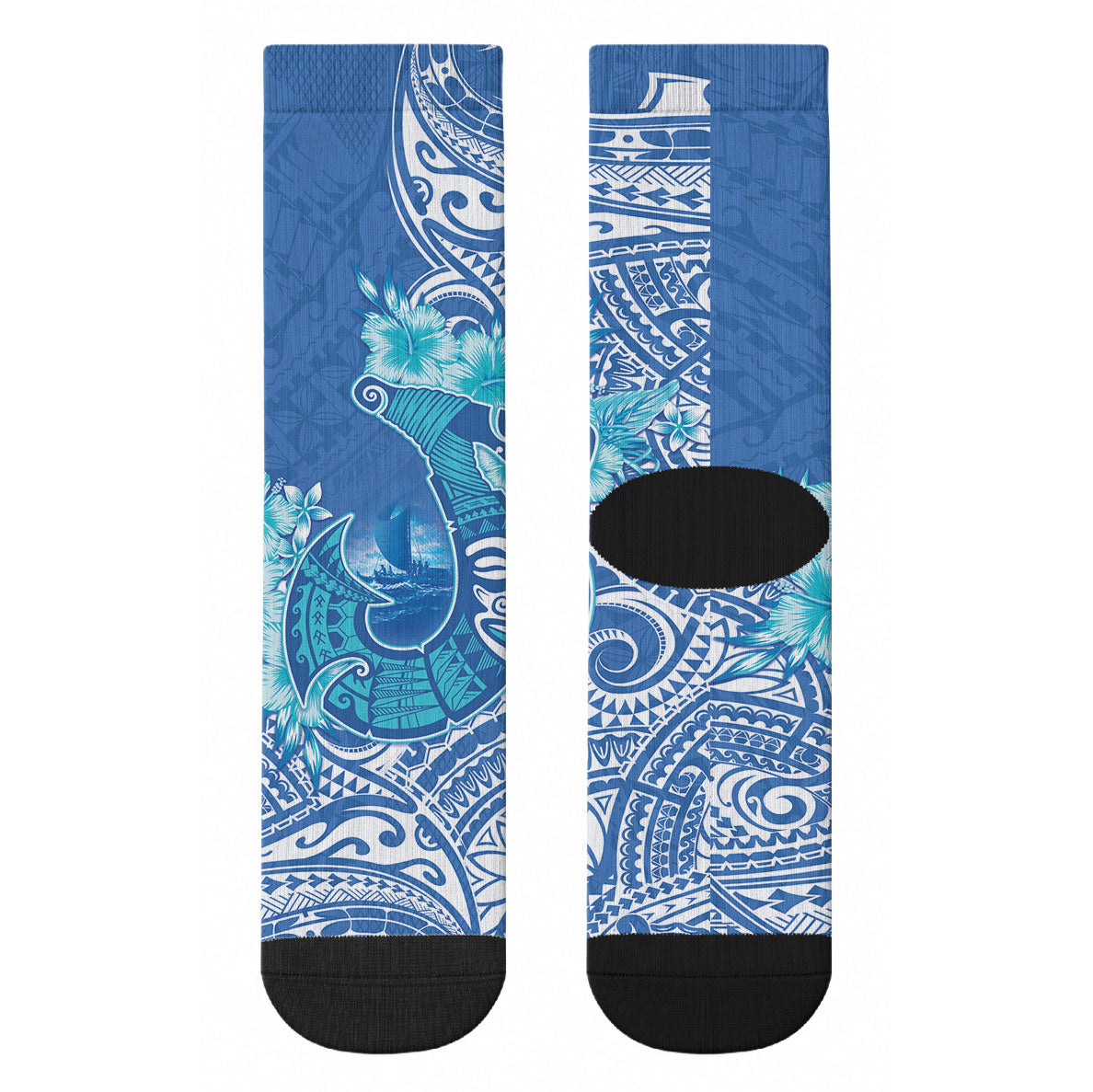 Hawaii Discoverers Day Crew Socks Polynesian Fish Hook With Hibiscus Blue LT05 - Polynesian Pride