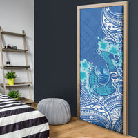 Hawaii Discoverers Day Door Cover Polynesian Fish Hook With Hibiscus Blue