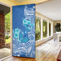 Hawaii Discoverers Day Door Cover Polynesian Fish Hook With Hibiscus Blue