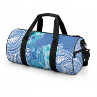 Hawaii Discoverers Day Duffle Bag Polynesian Fish Hook With Hibiscus Blue